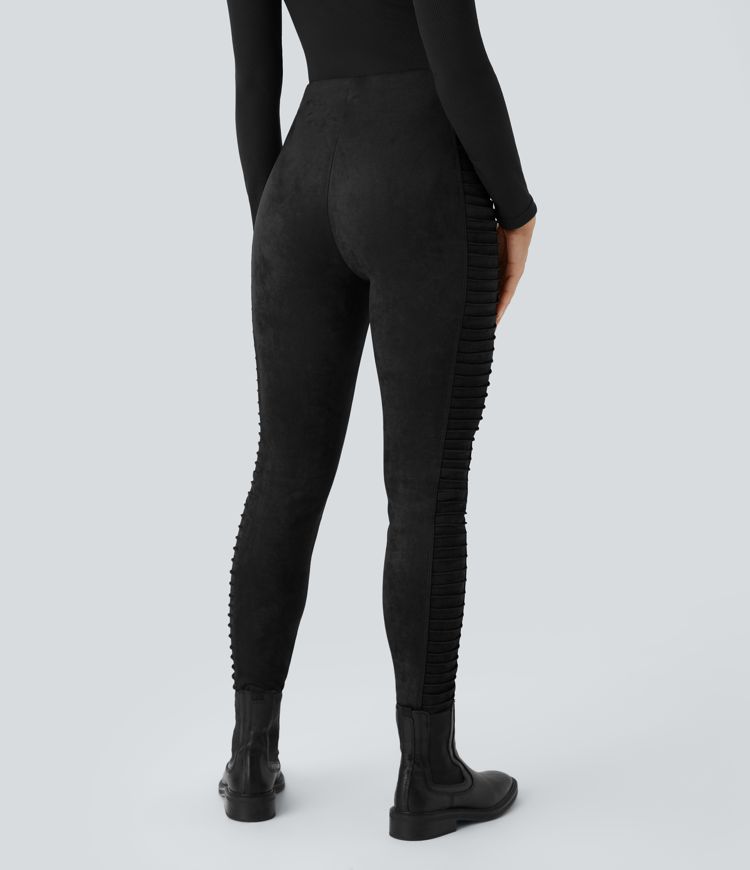 High Waisted Tummy Control Side Pocket Ruched Suede Casual Leggings