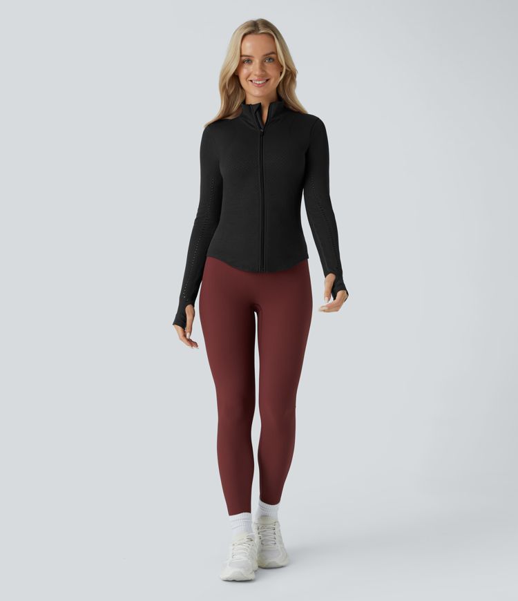 Seamless Flow Stand Collar Long Sleeve Thumb Hole Zipper Skinny Yoga Jacket