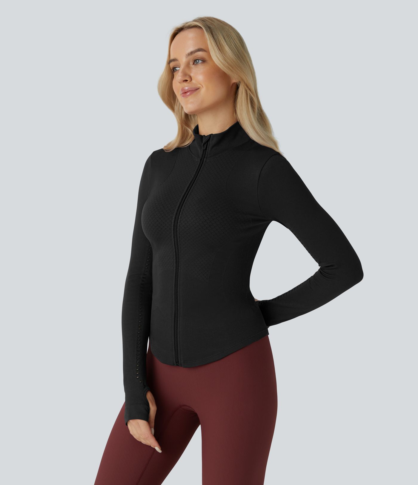 Veste de Yoga Zippée Mince à Col Droit, Manches Longues avec Trou pour Pouce