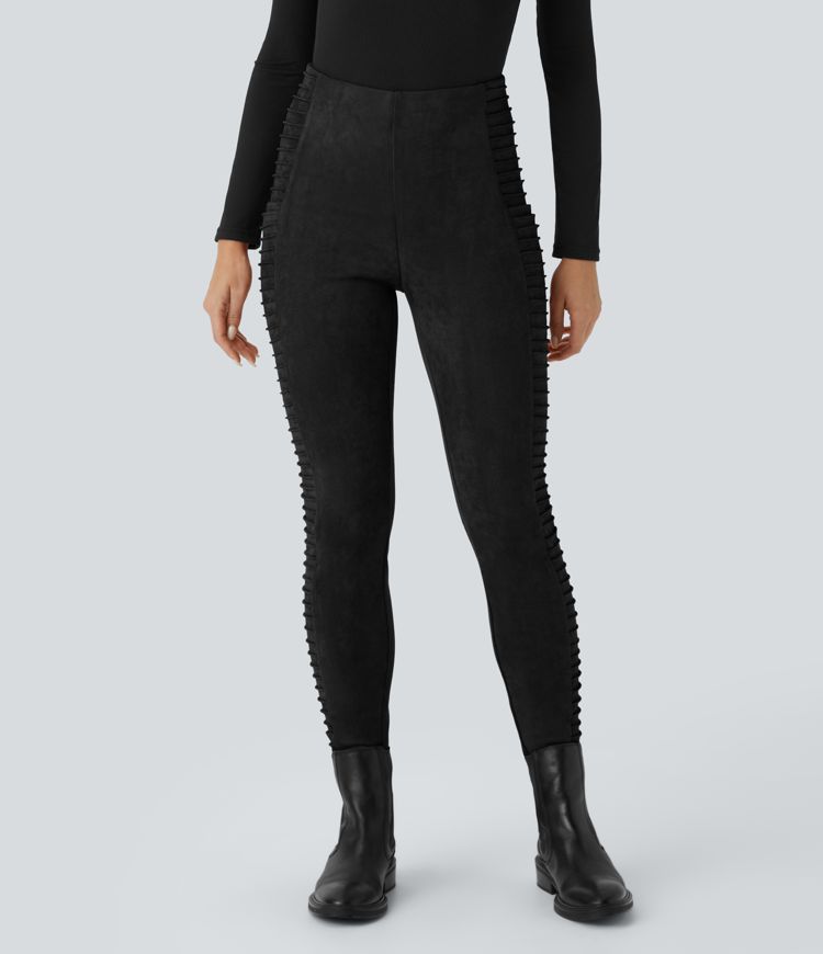 Legging gainant en suédine à taille haute avec fronces et poches latérales