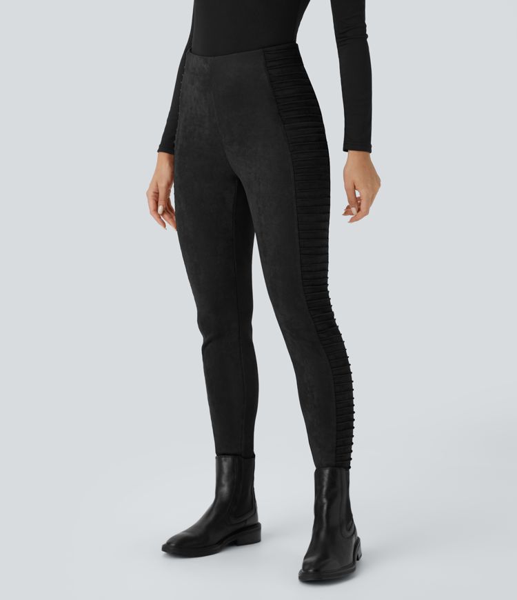 High Waisted Tummy Control Side Pocket Ruched Suede Casual Leggings