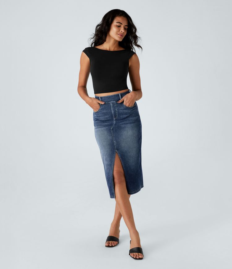 Halara Flex™ Jupe en Jean Casual Mi-Longue Délavé Extensible Plusieurs Poches Taille Haute