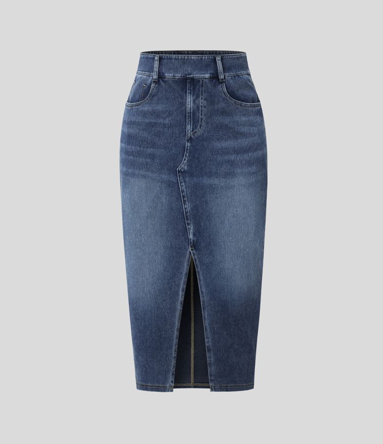 Halara Flex™ Jupe en Jean Casual Mi-Longue Délavé Extensible Plusieurs Poches Taille Haute