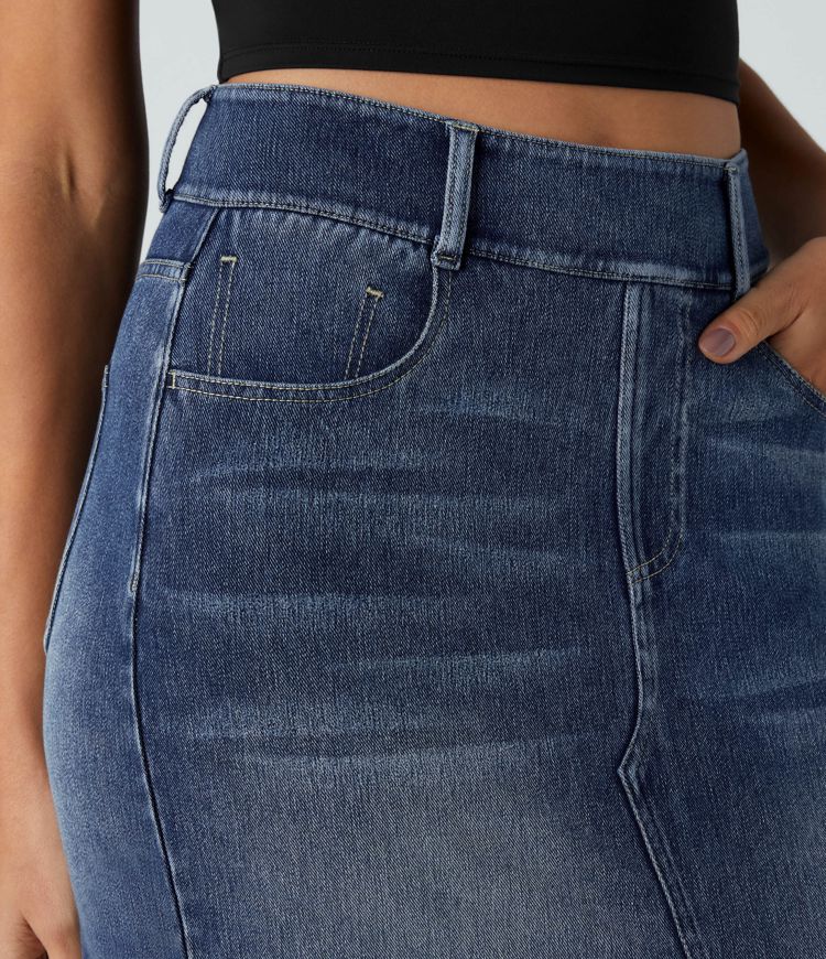 Halara Flex™ Jupe en Jean Casual Mi-Longue Délavé Extensible Plusieurs Poches Taille Haute