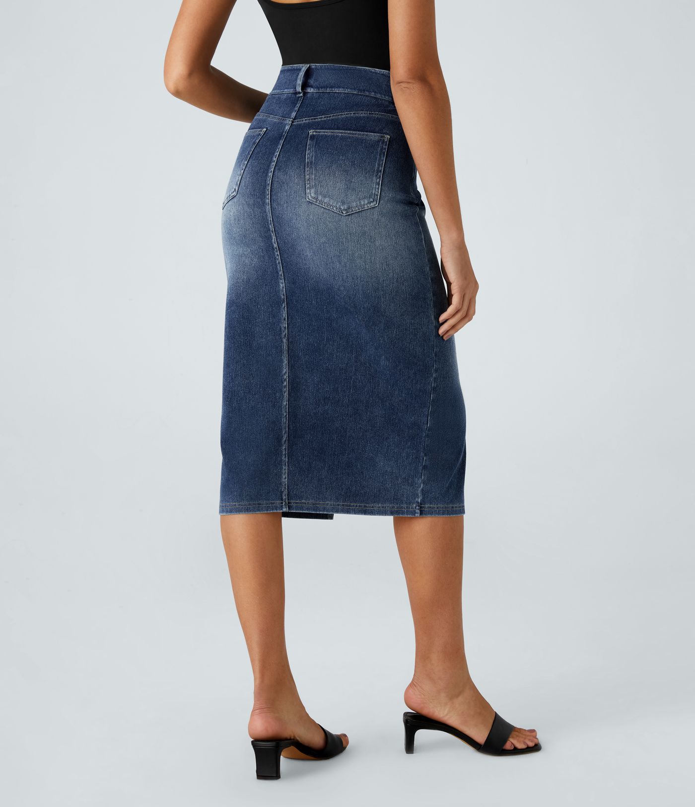 Halara Flex™ Jupe en Jean Casual Mi-Longue Délavé Extensible Plusieurs Poches Taille Haute