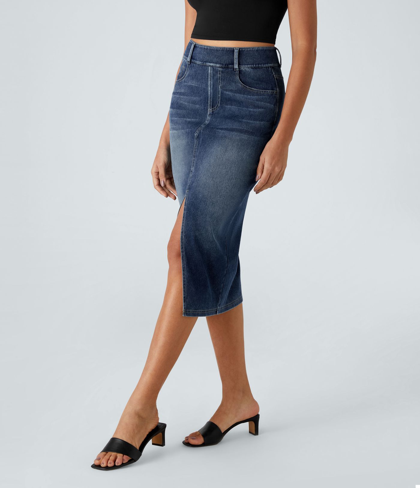 Halara Flex™ Jupe en Jean Casual Mi-Longue Délavé Extensible Plusieurs Poches Taille Haute