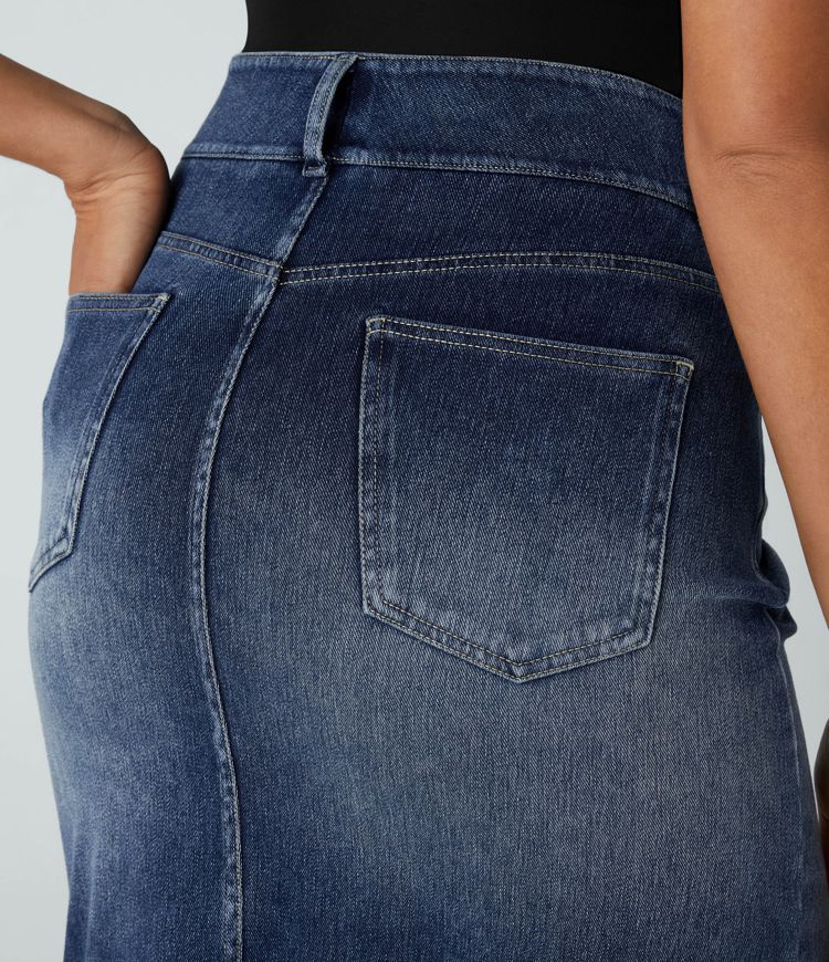 Halara Flex™ Jupe en Jean Casual Mi-Longue Délavé Extensible Plusieurs Poches Taille Haute