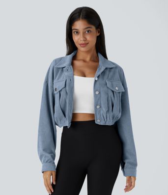 Pocket Cropped Corduroy Casual Jacket