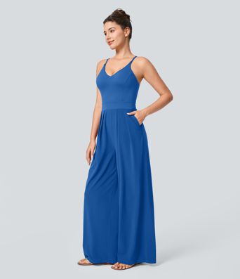 Breezeful™ Backless Side Invisible Zipper Pocket Wide Leg Quick Dry Resort Slip Jumpsuit