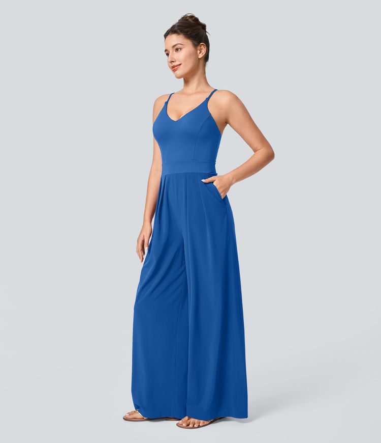 Breezeful™ Backless Side Invisible Zipper Pocket Wide Leg Quick Dry Resort Slip Jumpsuit