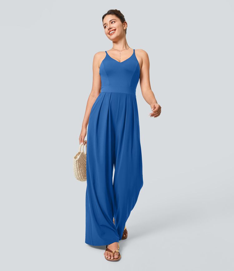 Breezeful™ Backless Side Invisible Zipper Pocket Wide Leg Quick Dry Resort Slip Jumpsuit