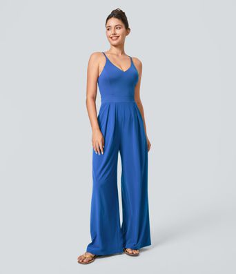 Breezeful™ Backless Side Invisible Zipper Pocket Wide Leg Quick Dry Resort Slip Jumpsuit