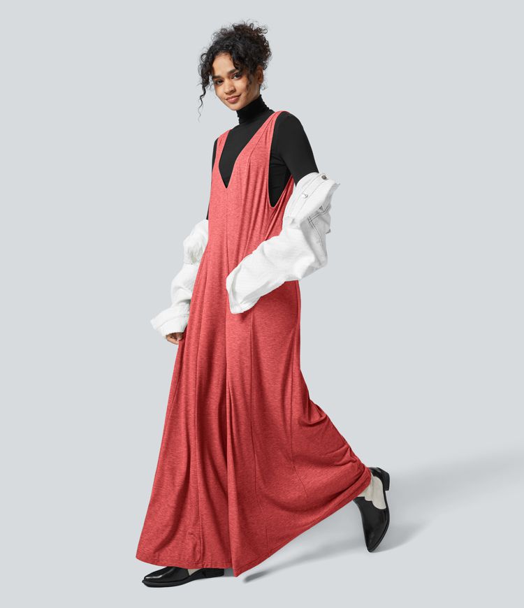 V Neck Pocket Draped Wide Leg Flowy Casual Jumpsuit