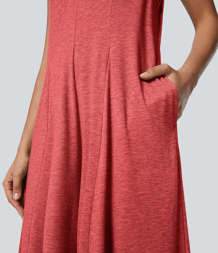 V Neck Pocket Draped Wide Leg Flowy Casual Jumpsuit