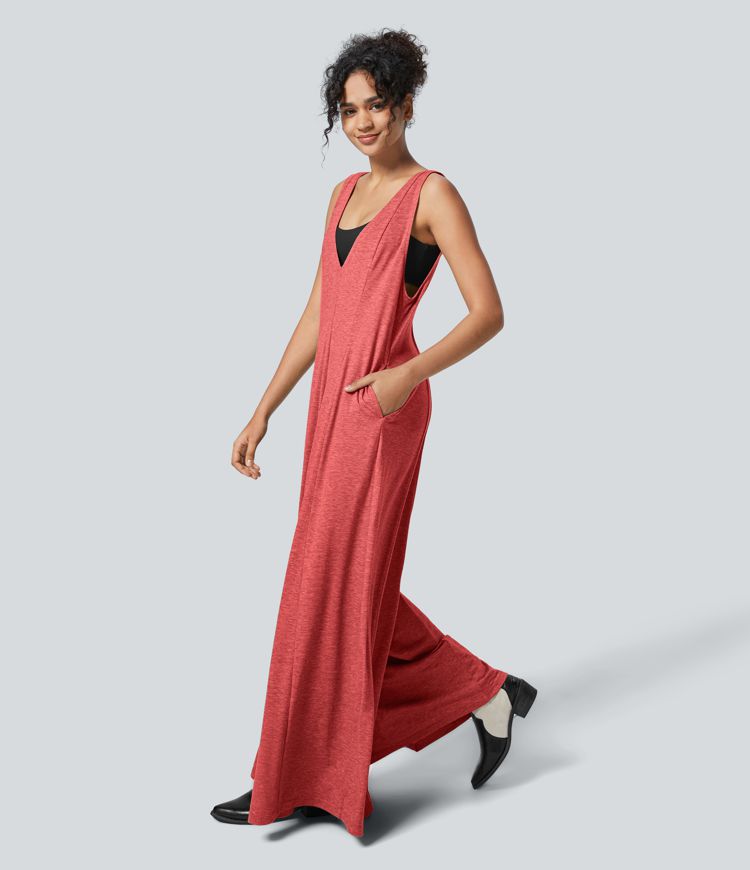 V Neck Pocket Draped Wide Leg Flowy Casual Jumpsuit