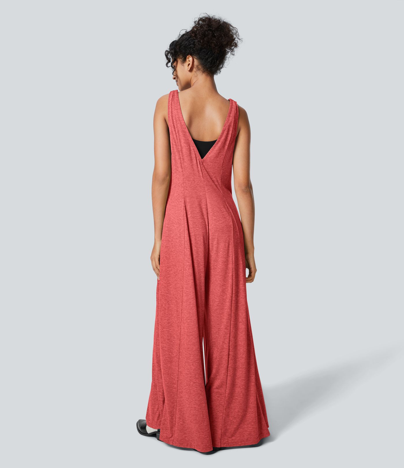 V Neck Pocket Draped Wide Leg Flowy Casual Jumpsuit