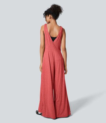 V Neck Pocket Draped Wide Leg Flowy Casual Jumpsuit