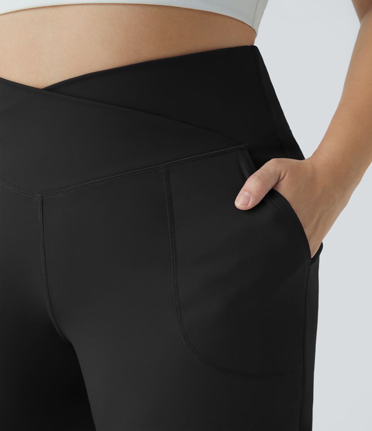 Crossover Pocket Hem Plus Size Wide Leg Yoga Pants-Smile