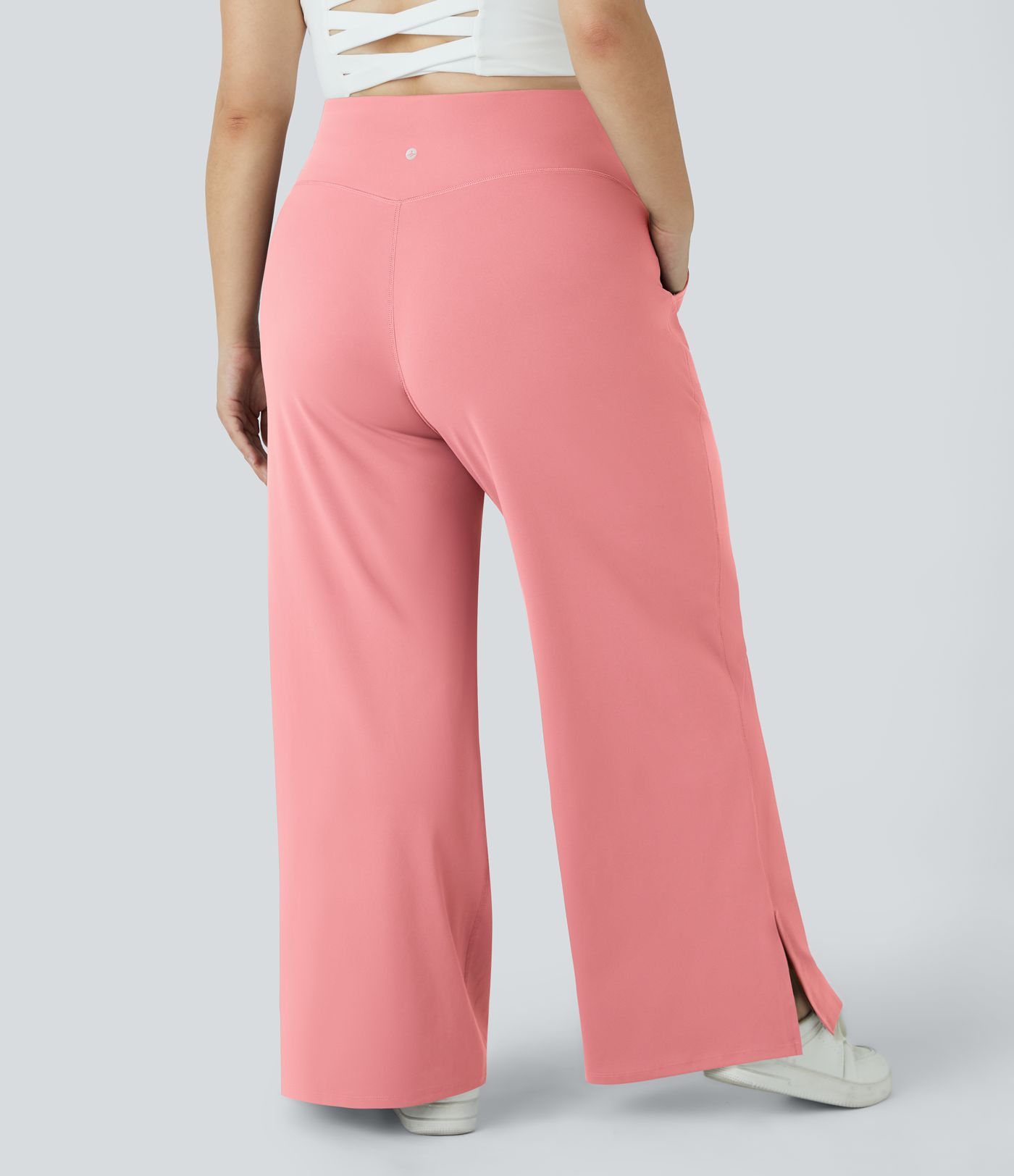 Pantalones yoga pierna ancha talla grande dobladillo dividido bolsillo cruzado-Smile
