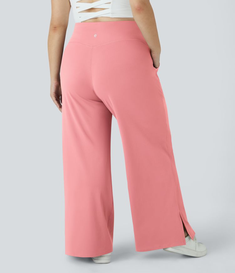 Pantalones yoga pierna ancha talla grande dobladillo dividido bolsillo cruzado-Smile