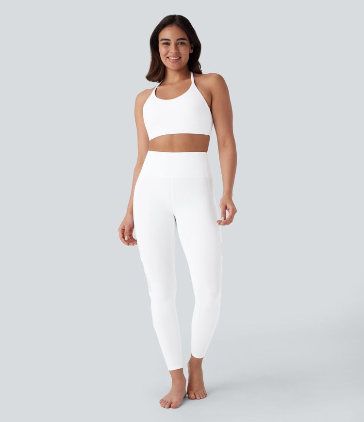 Leggings de yoga de tiro alto con secado rápido, malla en contraste y bolsillos laterales