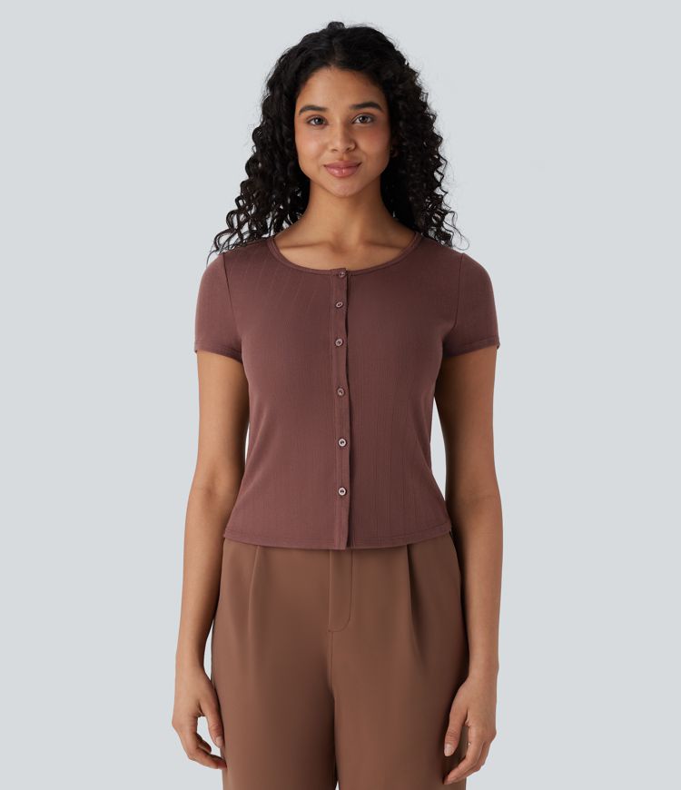 Haut de travail ajusté en maille côtelée, col carré et boutonnage