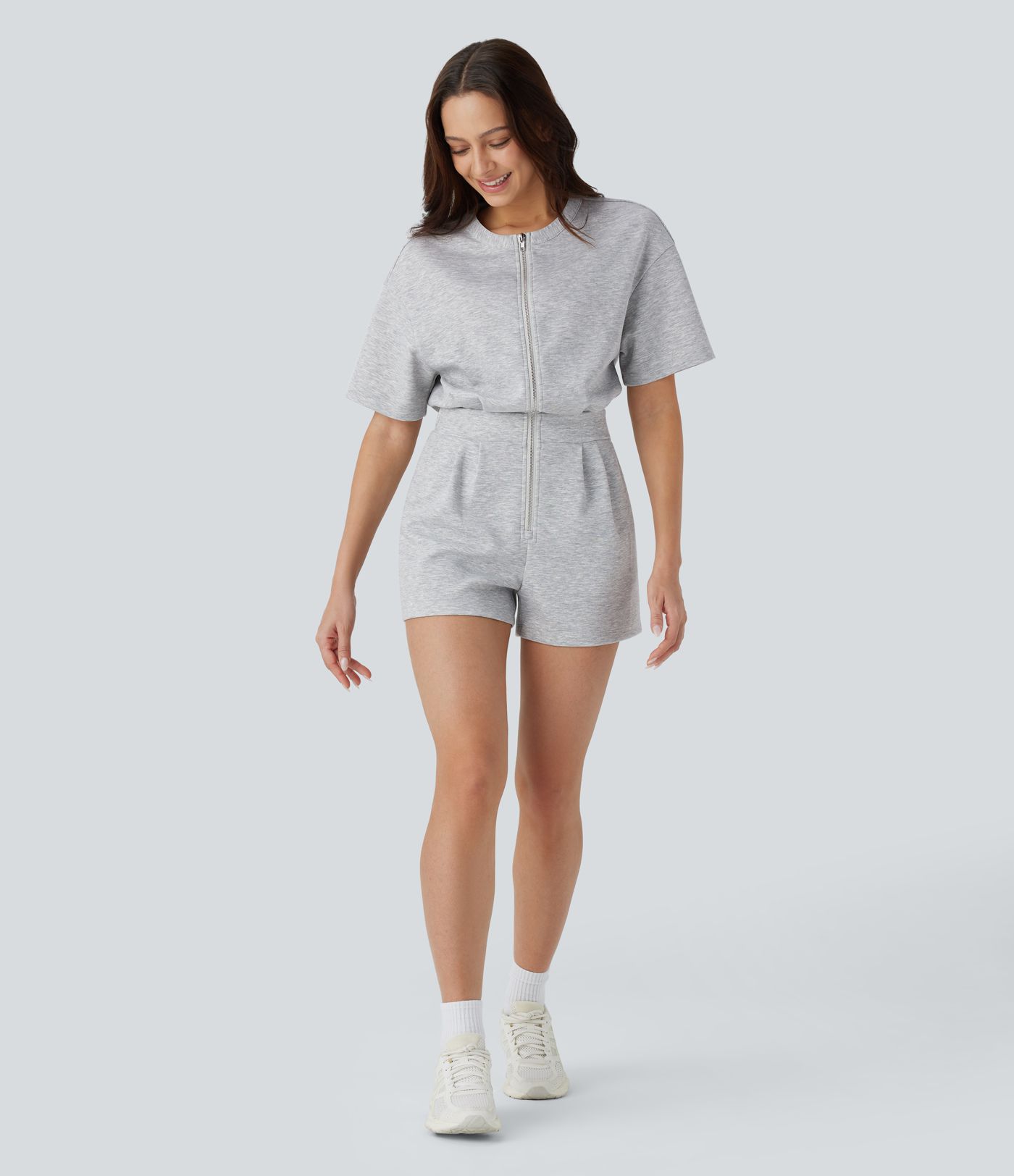 Yoga-Overall mit Seitentaschen, Reißverschluss und Kordelzug