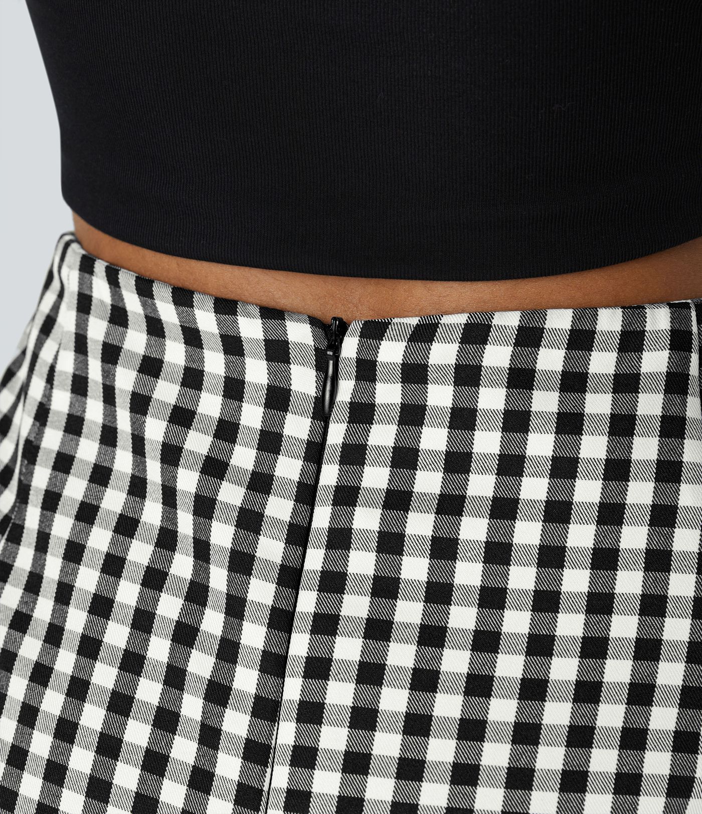 하이 웨이스트 버튼 랩 인비저블 지퍼 2-in-1 깅엄 A 라인 미니 캐주얼 스커트