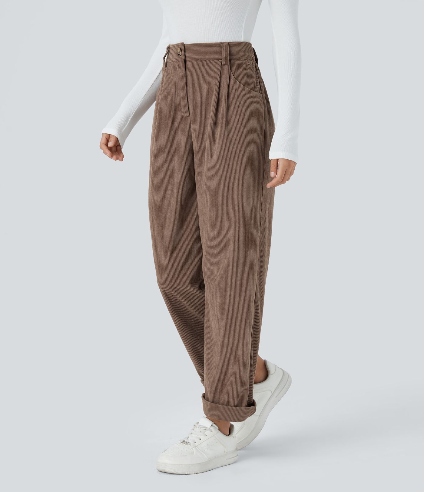 High waist button zipper side pocket corduroy casual pants