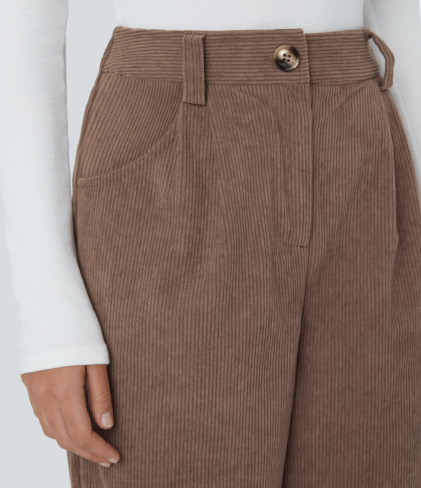 High waist button zipper side pocket corduroy casual pants