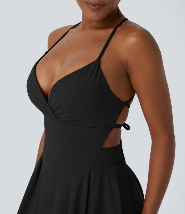 Backless Crisscross Lace Up 2-in-1 Pocket Mini Slip Active Dress