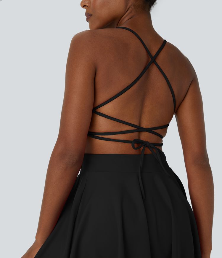 Backless Crisscross Lace Up 2-in-1 Pocket Mini Slip Casual Dress