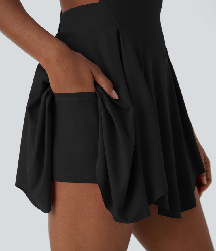 Backless Crisscross Lace Up 2-in-1 Pocket Mini Slip Casual Dress