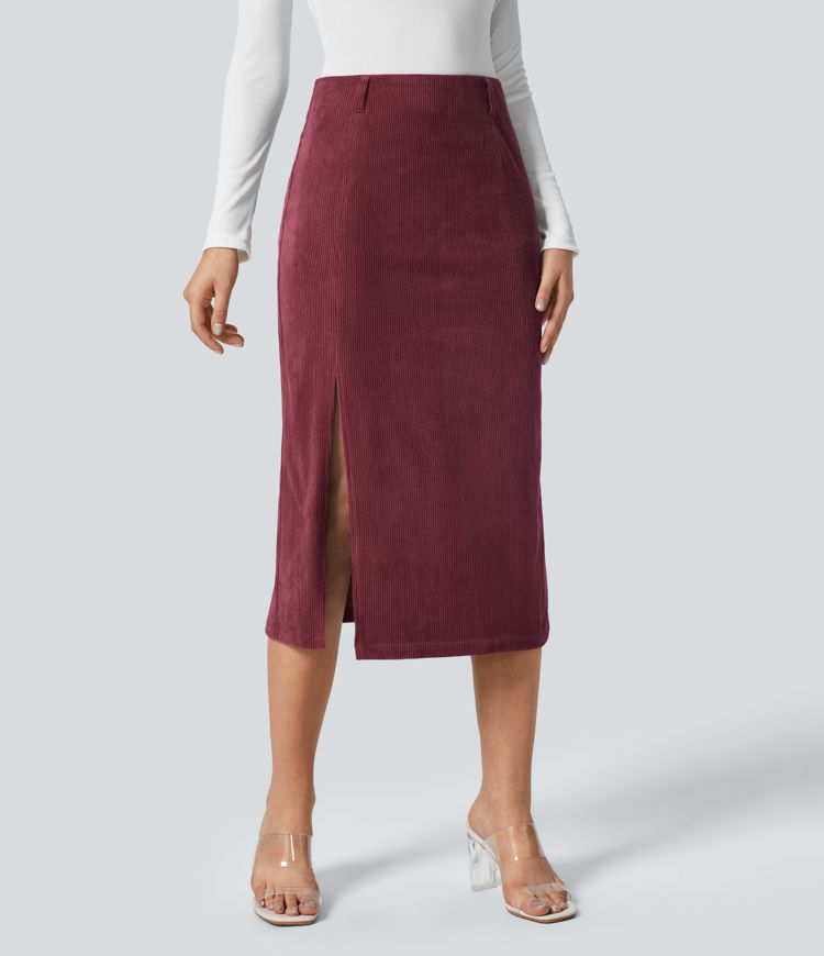 High Waisted Hem Midi Corduroy Casual Skirt