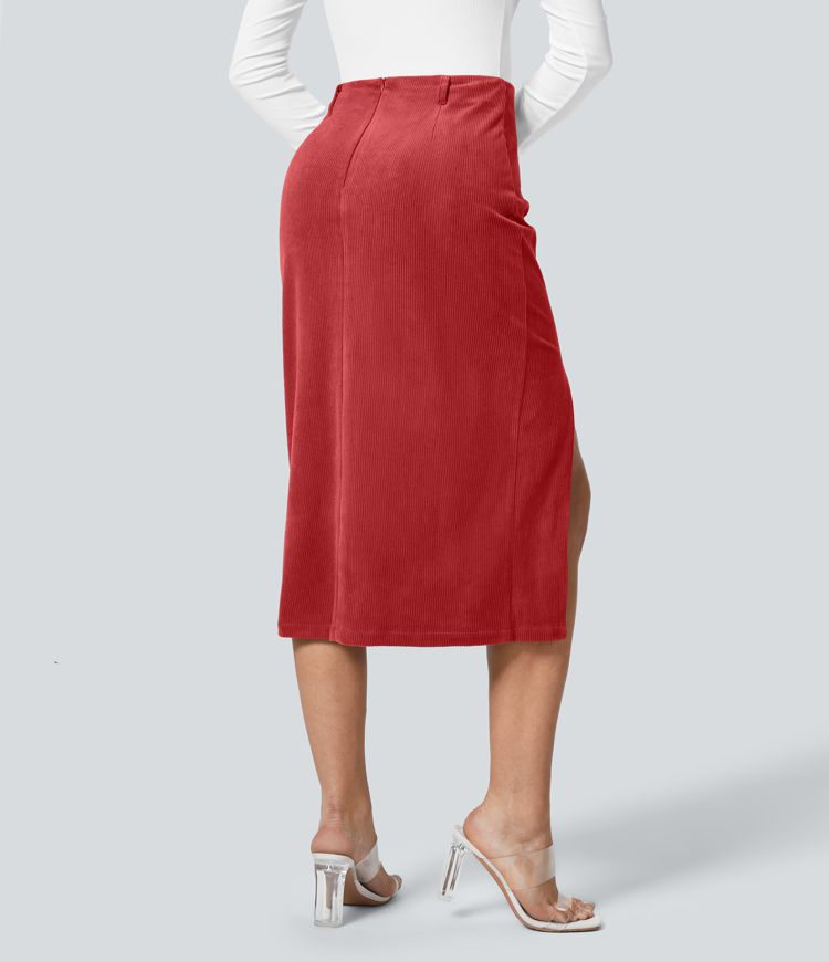 High Waisted Invisible Zipper Split Hem Midi Corduroy Casual Skirt