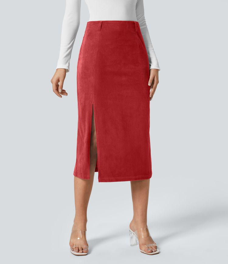 High Waisted Invisible Zipper Split Hem Midi Corduroy Casual Skirt