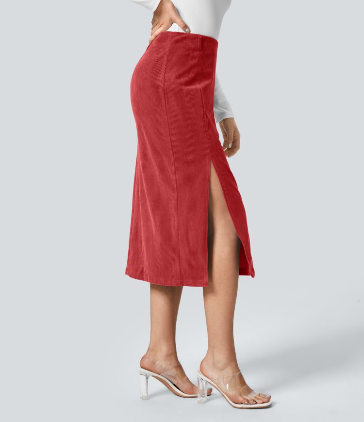 High Waisted Invisible Zipper Split Hem Midi Corduroy Casual Skirt