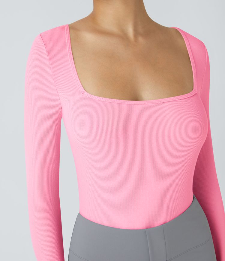 Bodysuit de Travail Tricot Côtelé Col Carré Manches Longues Boutonné Silhouette Élancée