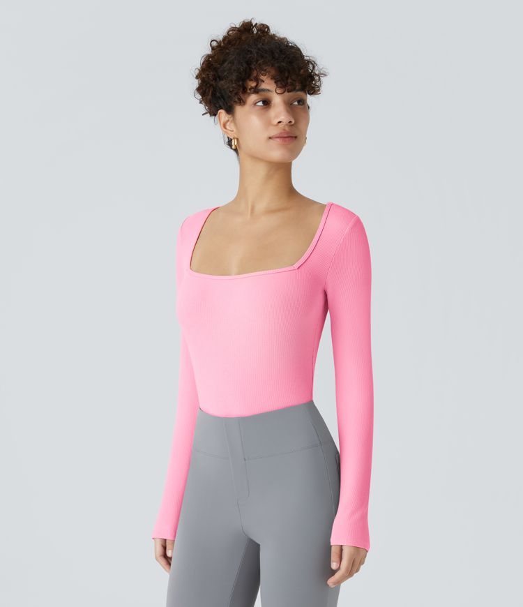 Bodysuit de Travail Tricot Côtelé Col Carré Manches Longues Boutonné Silhouette Élancée