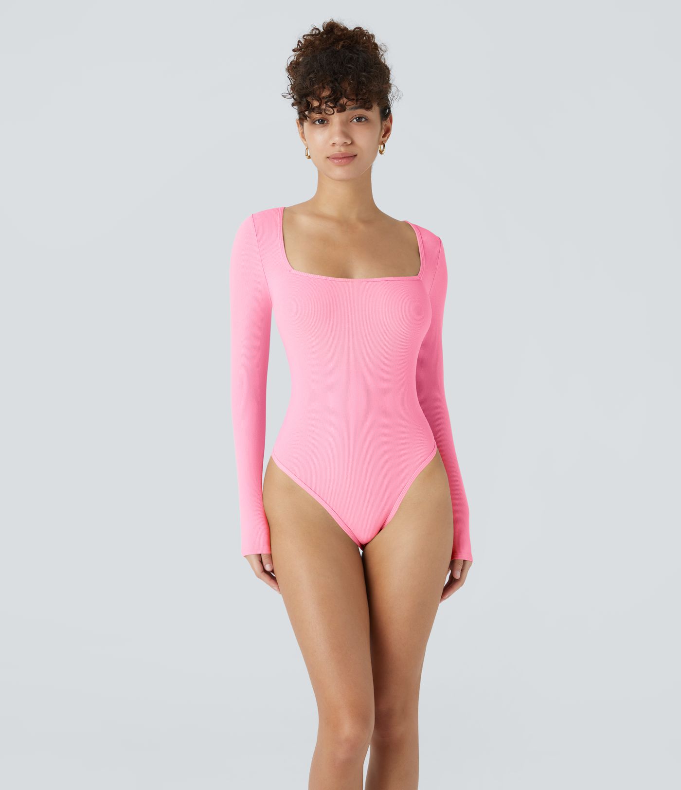 Bodysuit de Travail Tricot Côtelé Col Carré Manches Longues Boutonné Silhouette Élancée