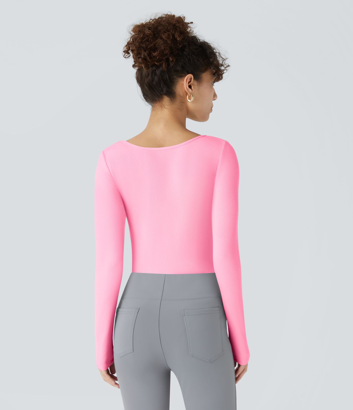 Bodysuit de Travail Tricot Côtelé Col Carré Manches Longues Boutonné Silhouette Élancée