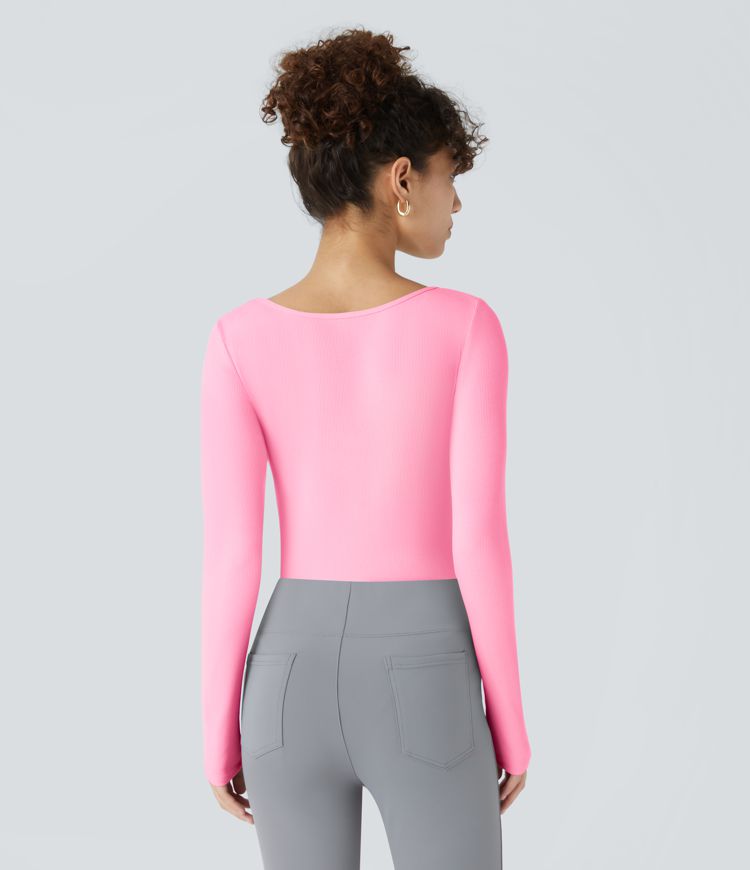 Bodysuit de Travail Tricot Côtelé Col Carré Manches Longues Boutonné Silhouette Élancée