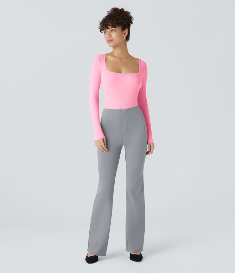 Bodysuit de Travail Tricot Côtelé Col Carré Manches Longues Boutonné Silhouette Élancée