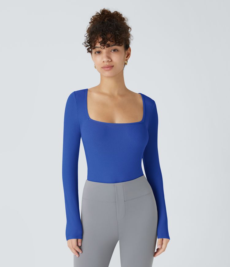 Body Skinny cu Guler Pătrat și Mânecă Lungă din Tricot Nervurat pentru Birou