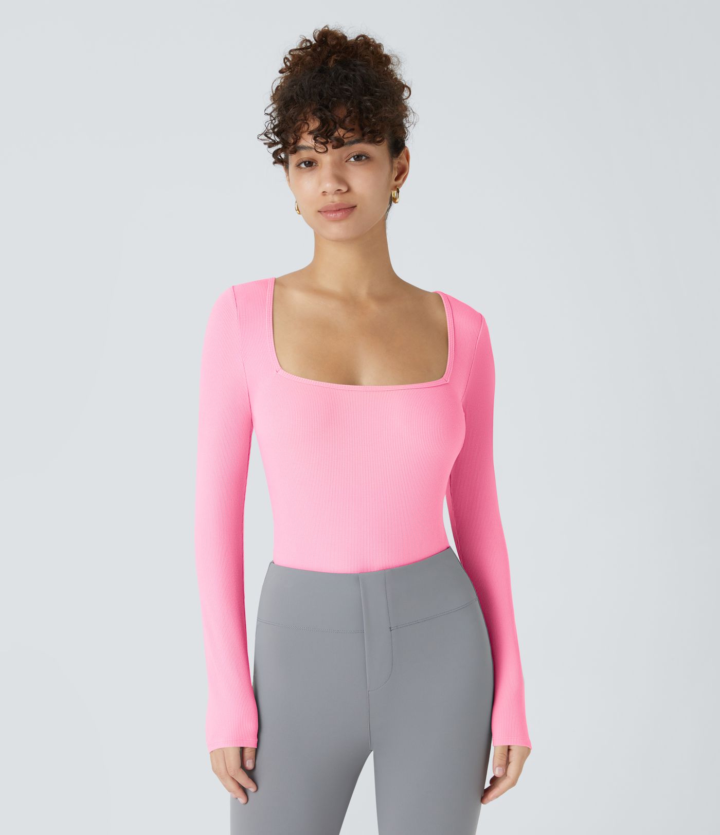 Bodysuit de Travail Tricot Côtelé Col Carré Manches Longues Boutonné Silhouette Élancée