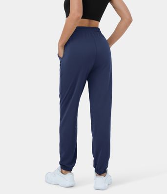 Pantalones deportivos casuales de cintura alta con bolsillos y cordón de algodón