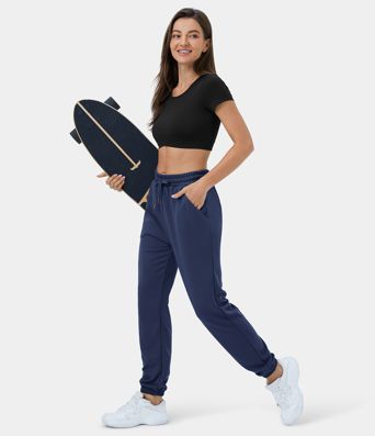 Pantalones deportivos casuales de cintura alta con bolsillos y cordón de algodón