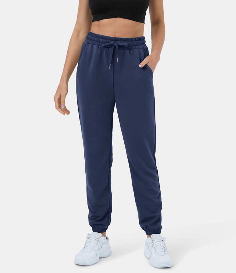 Pantalones deportivos casuales de cintura alta con bolsillos y cordón de algodón