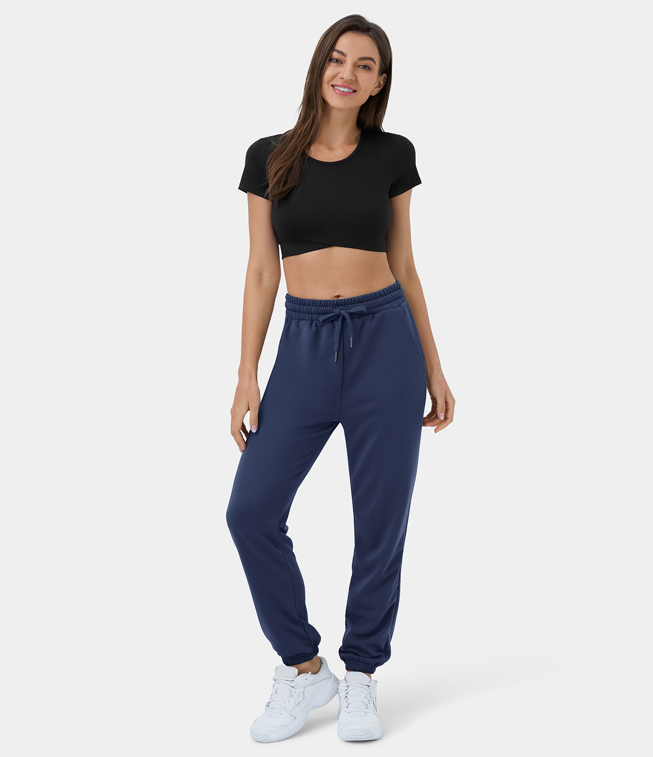 Pantalones deportivos casuales de cintura alta con bolsillos y cordón de algodón