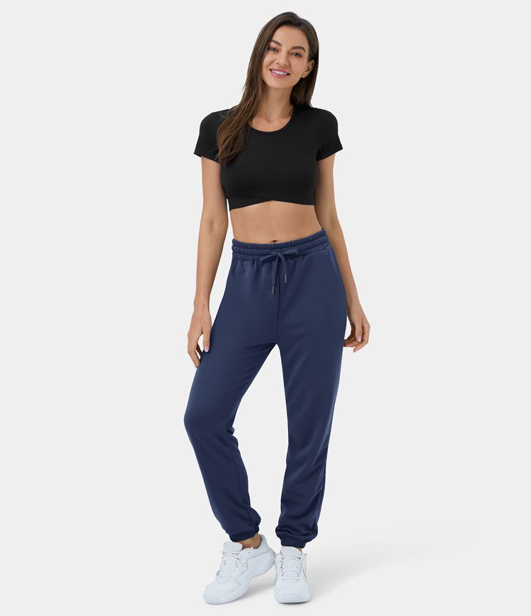 Pantalones deportivos casuales de cintura alta con bolsillos y cordón de algodón